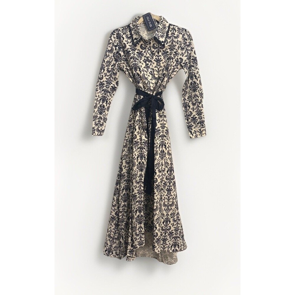 NWT Trish Scully Constance Maxi Dress Navy Damask Size 0 Rhinestone Long Sleeve